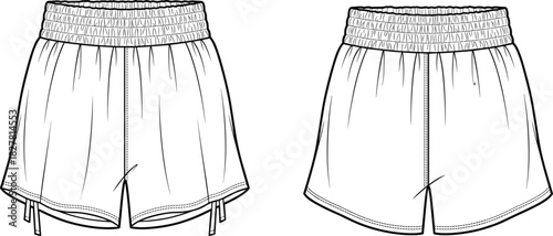 cad drawing flat vector illustration, elastic waist shorts sketch, drawstring hem variation, front view, fashion design template, garment outline
