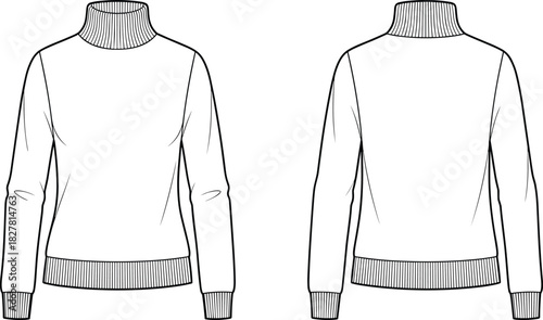 cad drawing flat vector illustration, fashion sketch turtleneck sweater, front back view, ribbed collar cuffs hem, garment design template