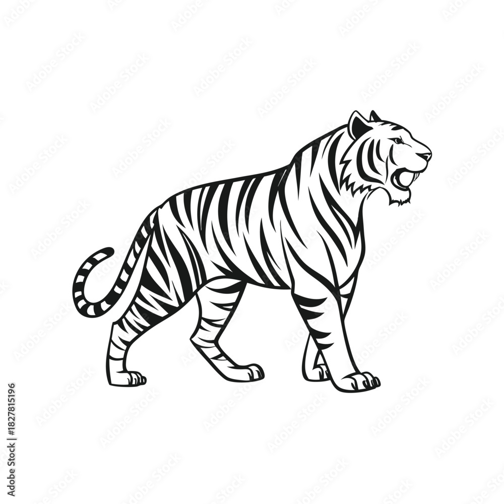 Naklejka premium Tiger Vector Illustration – Walking Tiger Mascot in Black and White Line Art