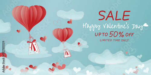 Valentine's Day sale banner with heart-shaped hot air balloons, floating gifts and romantic typography. Festive vector illustration for seasonal promotion and marketing design.