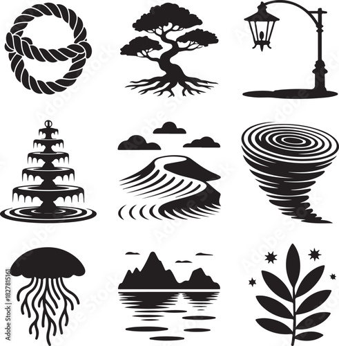 Collection of Black and White Vector Icons Representing Nature and Manmade Objects