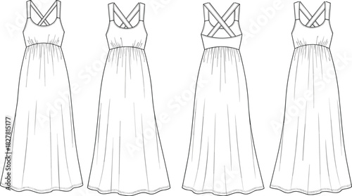 cad drawing flat vector illustration, long dress sketch, crisscross back straps, front side back view, fashion design template, elegant outline