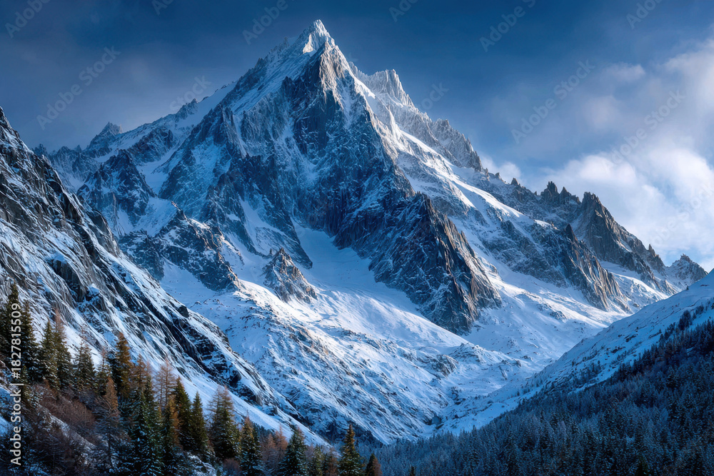 Obraz premium Majestic Snow Capped Mountain Peak Under Blue Sky