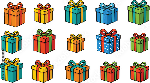 Colorful gift boxes, ribbon, bow, festive, celebration, birthday, holiday, present, wrapping, packaging, cheerful, decorative, design, vector, icon, stripe, polka dot, pattern, surprise, party
