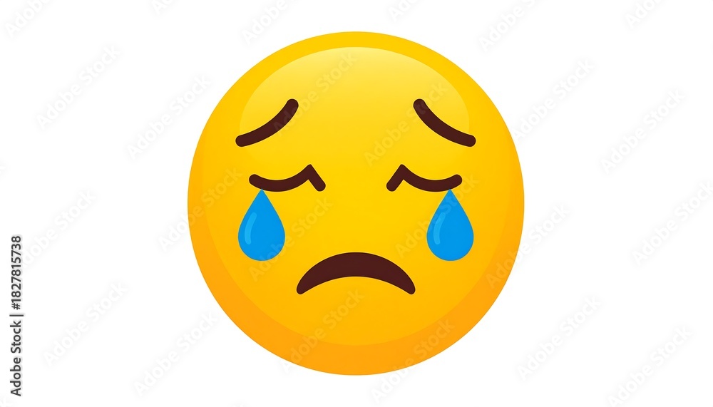 Fototapeta premium Bright yellow sad emoji face with drooping eyes and eyebrows. Two blue tears are streaming