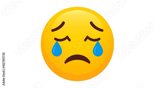 Bright yellow sad emoji face with drooping eyes and eyebrows. Two blue tears are streaming
