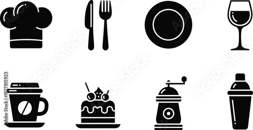 Culinary icons set black and white food and drink