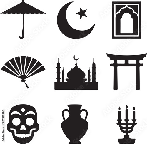 Collection of cultural and symbolic icons in silhouette vector format