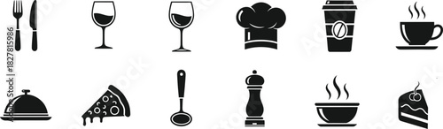Restaurant and kitchenware silhouette icons on white background