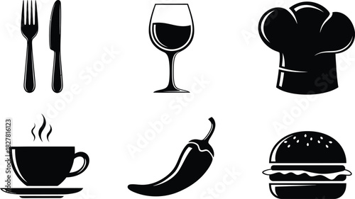 Black and white food and drink icon set