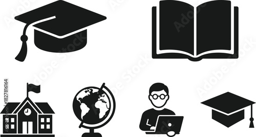 Education icons, graduation cap, book, school, globe, laptop, learning, academic, digital, remote, global, student, study, online, classroom, vector, minimal, 