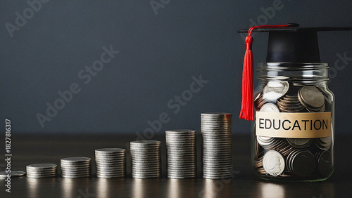 Saving for Education: Graduation Cap on a Money Jar Filled with Coins Beside Increasing Stacks of Funds