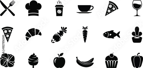 Collection of food and drink icons in black silhouette