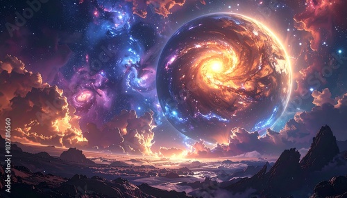 Celestial sphere swirls with light against a cloudy backdrop above distant mountains in a dreamy, vivid vista