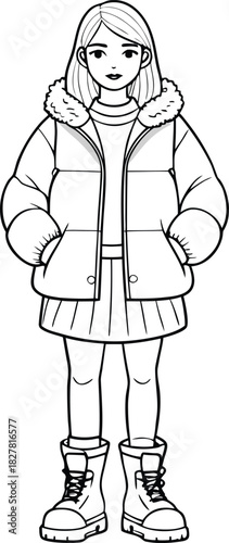 Fashion girl wearing a puffer jacket and boots in a stylish winter line art design