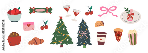 Whimsical Christmas doodle symbol festive and holiday icon. Green, red, pink elements illustrations for sale, promotion, branding, labels, posters, cards, invitation, greeting card, social media.
