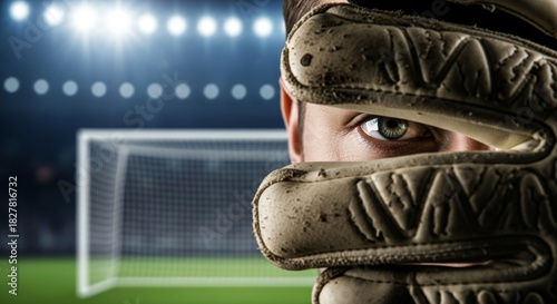 Close-up of a soccer goalkeeper's eye peering through the fingers of a glove, focused on the goal.