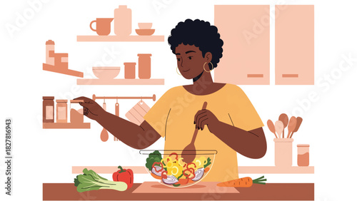 African woman cooking a traditional meal at home using fresh ingredients. Ideal for lifestyle content, culture visuals, and everyday family cooking themes