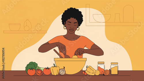 African woman cooking a traditional meal at home using fresh ingredients. Ideal for lifestyle content, culture visuals, and everyday family cooking themes
