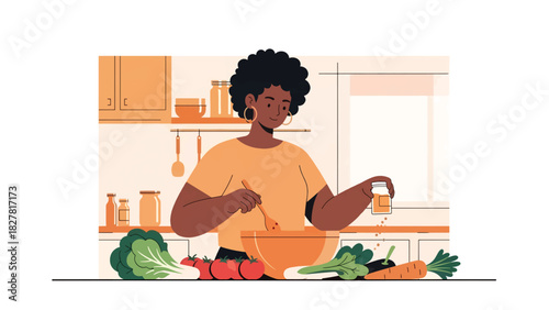 African woman cooking a traditional meal at home using fresh ingredients. Ideal for lifestyle content, culture visuals, and everyday family cooking themes