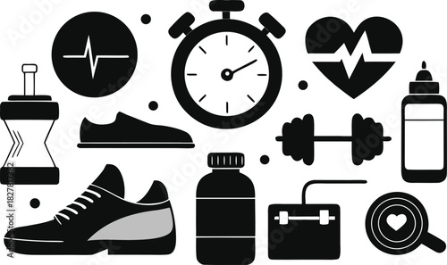 Comprehensive fitness and wellness icon set featuring exercise and health symbols