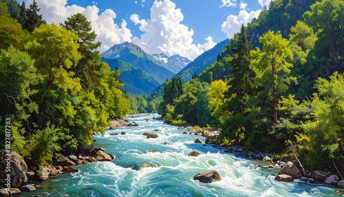 A vibrant painting showcasing a rushing river meandering through a lush valley. Towering mountains, forests, and fluffy clouds
