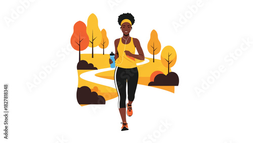African woman jogging outdoors in park environment. Ideal for fitness, motivation, healthy living, and active lifestyle content