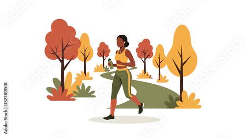 African woman jogging outdoors in park environment. Ideal for fitness, motivation, healthy living, and active lifestyle content