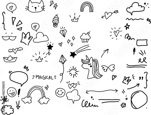 Hand-drawn black line doodles on a white background: unicorn, cat, rainbow, hearts, stars, and clouds. Cute, simple, and whimsical pattern.