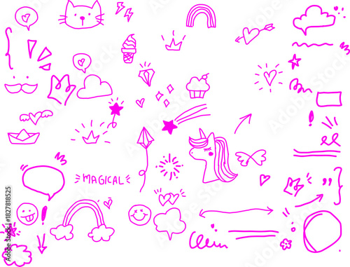 Hand-drawn pink line doodles on a white background: unicorn, rainbow, stars, and clouds. Cute, simple, and whimsical pattern for kids.