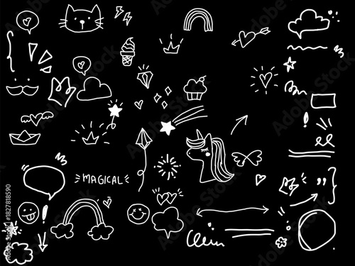 Hand-drawn white line doodles on a black background: unicorn, rainbow, stars, clouds, cat, and hearts. Magical and whimsical dark pattern.