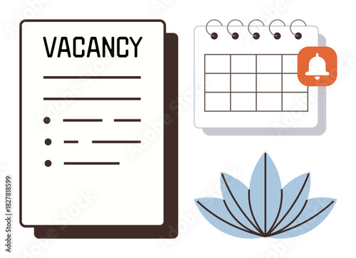 Vacancy notice next to a calendar marked with a notification bell and a decorative lotus flower. Ideal for recruitment, scheduling, hiring, job posting, deadlines, organization, wellness. Simple flat