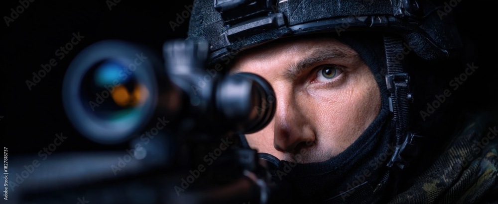 Naklejka premium Rifleman in tactical gear steadies breath filled with intense focus and quiet determination