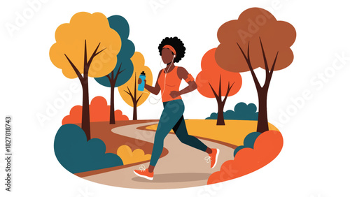 African woman jogging outdoors in park environment. Ideal for fitness, motivation, healthy living, and active lifestyle content