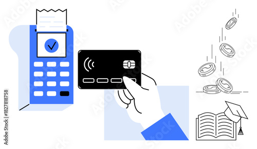 Hand using a card on POS machine, receipt, book with graduation cap, and falling coins. Ideal for finance, education, learning, investment technology e-commerce and cashless payment. Simple flat