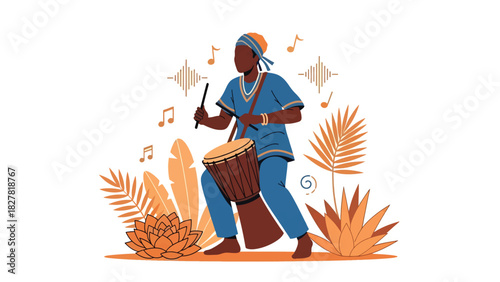 African musician playing traditional hand drums with rhythmic energy. Ideal for music culture, celebration, and artistic expression visuals