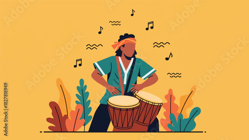 African musician playing traditional hand drums with rhythmic energy. Ideal for music culture, celebration, and artistic expression visuals