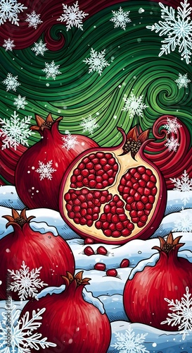 Yalda night greeting card illustration with red pomegranates on snow green abstract background with winter snowflakes vertical with copy space
