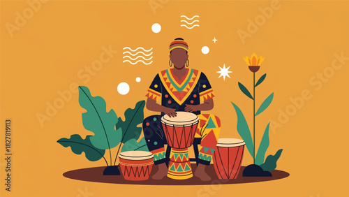 African musician playing traditional hand drums with rhythmic energy. Ideal for music culture, celebration, and artistic expression visuals