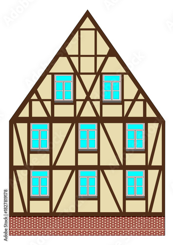 Ściana szczytowa szachulcowa, drewniana z wypełnieniem tynkowym na ceglanej podmurówce