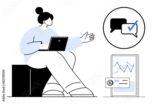 Woman with laptop gesturing alongside chat bubble icons, chart on phone screen depicting cryptocurrency trends. Ideal for teamwork, fintech, cryptocurrency, communication, mobile apps, analytics