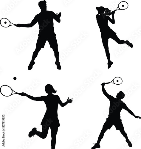 Tennis players silhouettes collection in action poses
