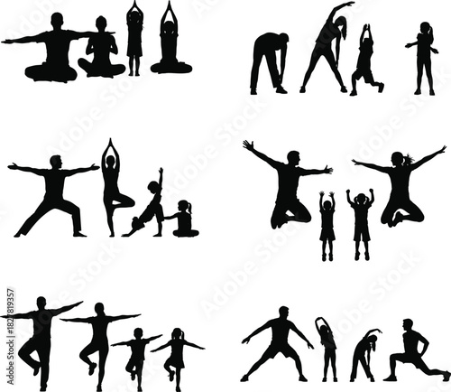 Silhouettes of people exercising and stretching in various poses