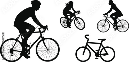 Cyclists silhouettes riding bicycles active lifestyle vector illustration