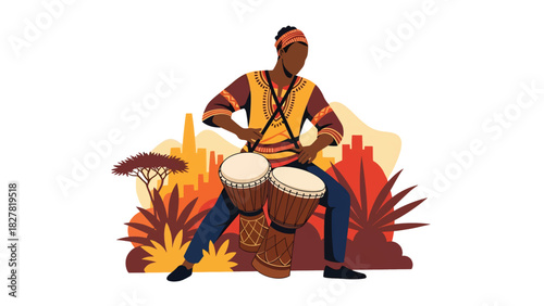 African musician playing traditional hand drums with rhythmic energy. Ideal for music culture, celebration, and artistic expression visuals