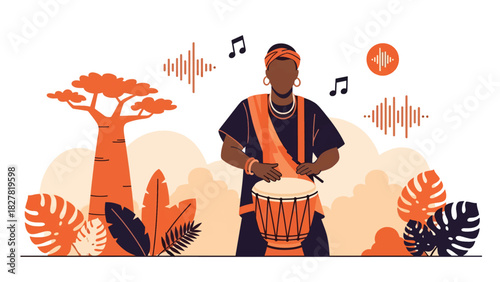 African musician playing traditional hand drums with rhythmic energy. Ideal for music culture, celebration, and artistic expression visuals