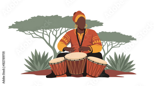African musician playing traditional hand drums with rhythmic energy. Ideal for music culture, celebration, and artistic expression visuals
