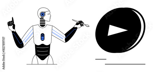 Humanoid robot with sleek design gestures toward a large play button, holding a stylus in one hand. Ideal for technology, AI, innovation, creativity, robotics, communication, and automation concepts