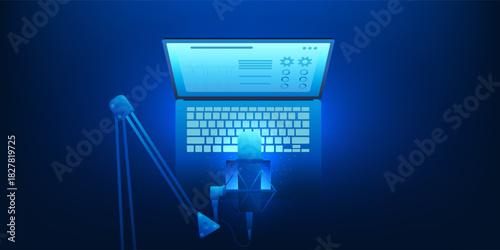 Podcast Recording Technology Background, Microphone Audio Capture, Digital Sound Production, Broadcasting Equipment, Voice Recording Setup, Modern Media Creation Concept, Audio Streaming Technology