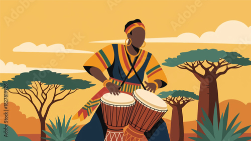 African musician playing traditional hand drums with rhythmic energy. Ideal for music culture, celebration, and artistic expression visuals